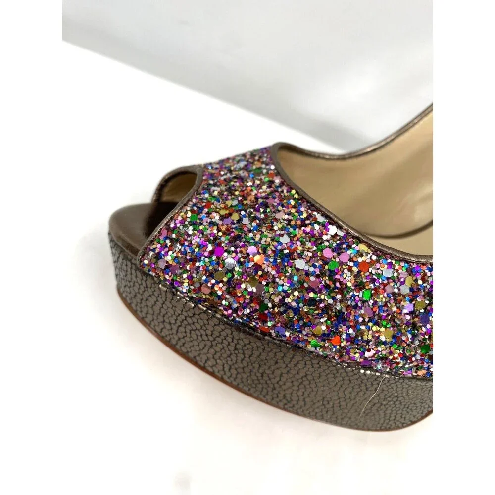 Jimmy Choo CLUE Glitter Gold Slingback Platform Open Toe Sandals Shoes Sz 38.5 - Picture 6 of 16